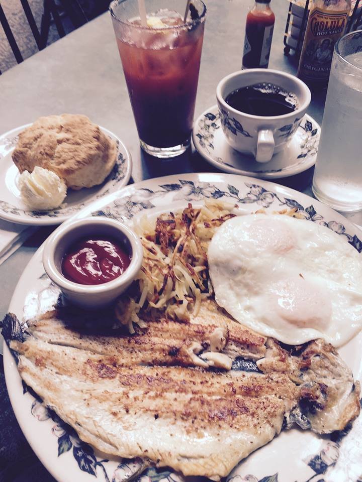 Grilled Trout with eggs, hash browns, biscuit Bloody Mary and great coffee. 